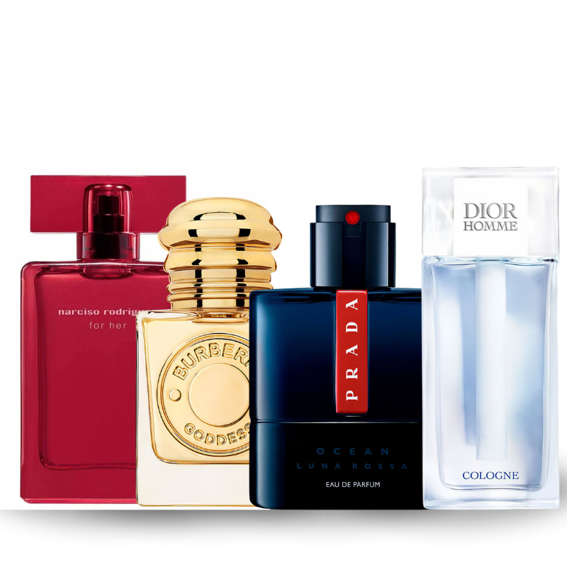 Especial Dia dos Namorados Combo de 4 Perfumes Narciso Rodriguez, Burberry Goddess, Prada Luna, Dior Homme Cologne 100ml